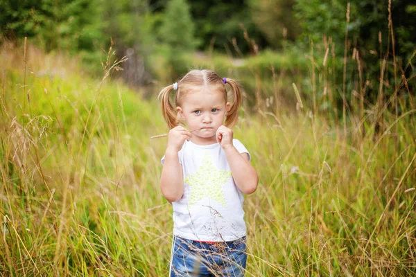 Портрет щасливої милої дівчинки на відкритому повітрі. Дитяче садівництво в парку, саду, лузі — стокове фото