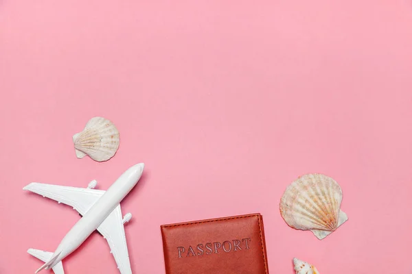 Minimalne proste płasko świeckich podróż przygoda wycieczka koncepcja z samolotu i paszport na tle różowej, pastelowe, modny, nowoczesny — Zdjęcie stockowe