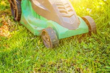 Çim biçme makinesi arka bahçesinde yeşil çim kesme