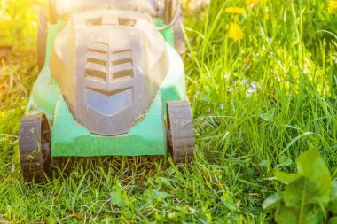 Çim biçme makinesi arka bahçesinde yeşil çim kesme