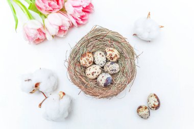 Paskalya yumurtaları yuvadan pamuk ve pembe taze tulip buket rustik Beyaz ahşap zemin üzerinde