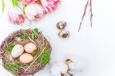 Paskalya yumurtaları yuvadan pamuk ve pembe taze tulip buket rustik Beyaz ahşap zemin üzerinde