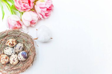Paskalya yumurtaları yuvadan pamuk ve pembe taze tulip buket rustik Beyaz ahşap zemin üzerinde