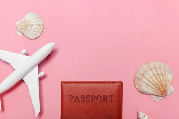 Conceito de viagem de aventura de viagem plana simples mínimo com avião e passaporte em fundo moderno moderno pastel rosa — Fotografia de Stock