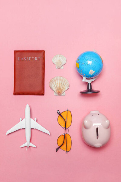 Minimal simple flat lay travel adventure trip concept on pink pastel trendy modern background