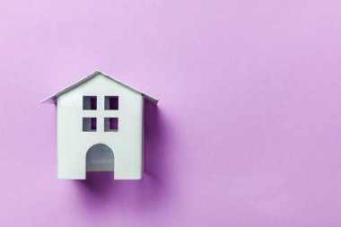 Mor Menekşe pastel arka plan minyatür beyaz oyuncak ev