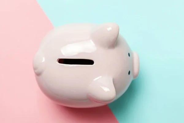 Pink piggy bank terisolasi pada latar belakang biru dan merah muda — Stok Foto