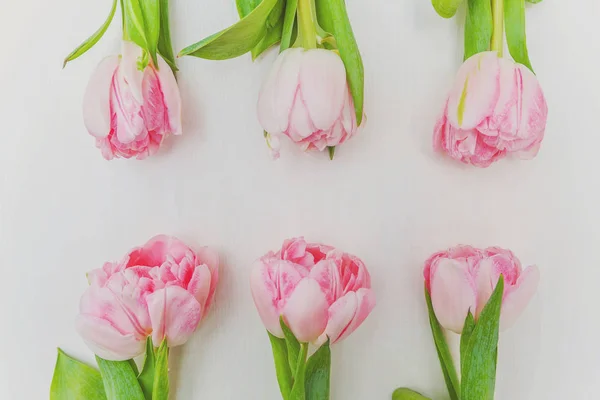 Букет з свіжих рожевих тюльпанів на сільському білому дерев'яному фоні — стокове фото