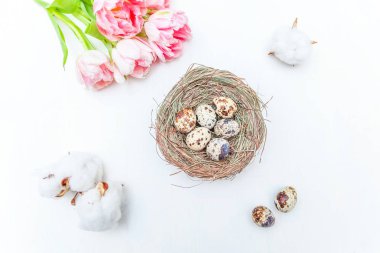 Paskalya yumurtaları yuvadan pamuk ve pembe taze tulip buket rustik Beyaz ahşap zemin üzerinde