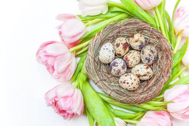 Paskalya yumurta yuva ve rustik Beyaz ahşap zemin üzerinde pembe taze Lale buketi