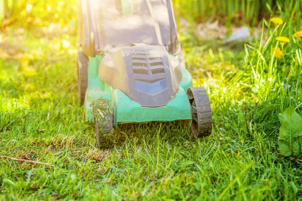 Lawn mower cutting green grass in backyard — Stock Photo, Image