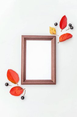 Sonbahar çiçek kompozisyonu. Dikey fotoğraf çerçevesi mockup chokeberry rowan çilek beyaz arka plan üzerinde renkli yaprakları