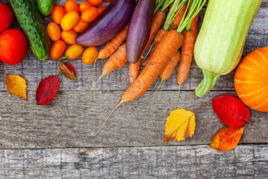 Ülke tarzı ahşap arka planda farklı taze organik sebzeler.