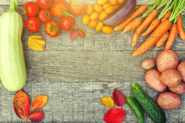 Ülke tarzı ahşap arka planda farklı taze organik sebzeler.