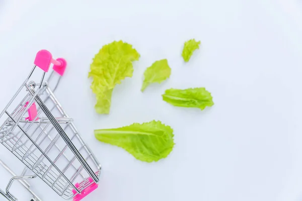 Small supermarket grocery push cart for shopping with green lettuce leaves isolated on white background