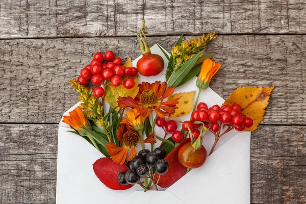 Autumn floral composition. Plants viburnum rowan berries dogrose fresh flowers colorful leaves in mail envelope on wooden background