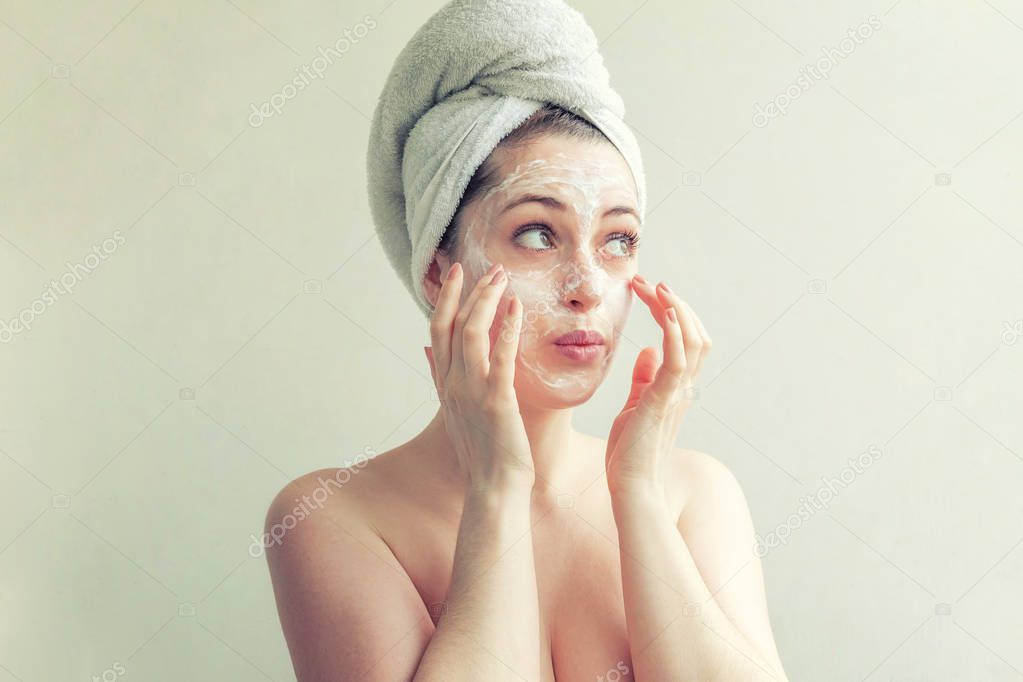 Woman face with cream or nourishing mask. Banner