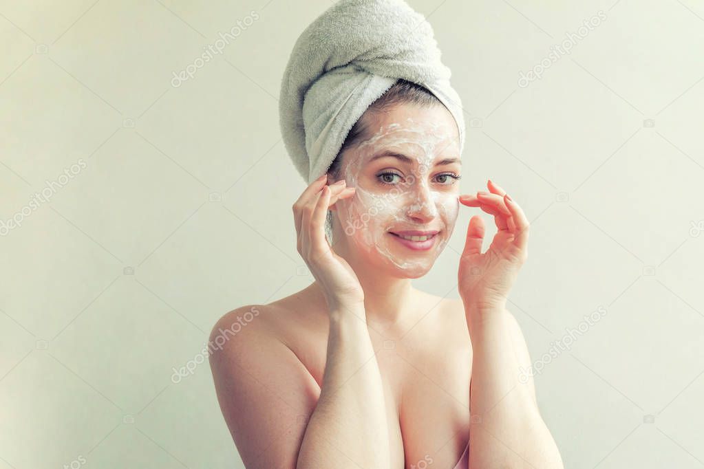 Woman face with cream or nourishing mask. Banner