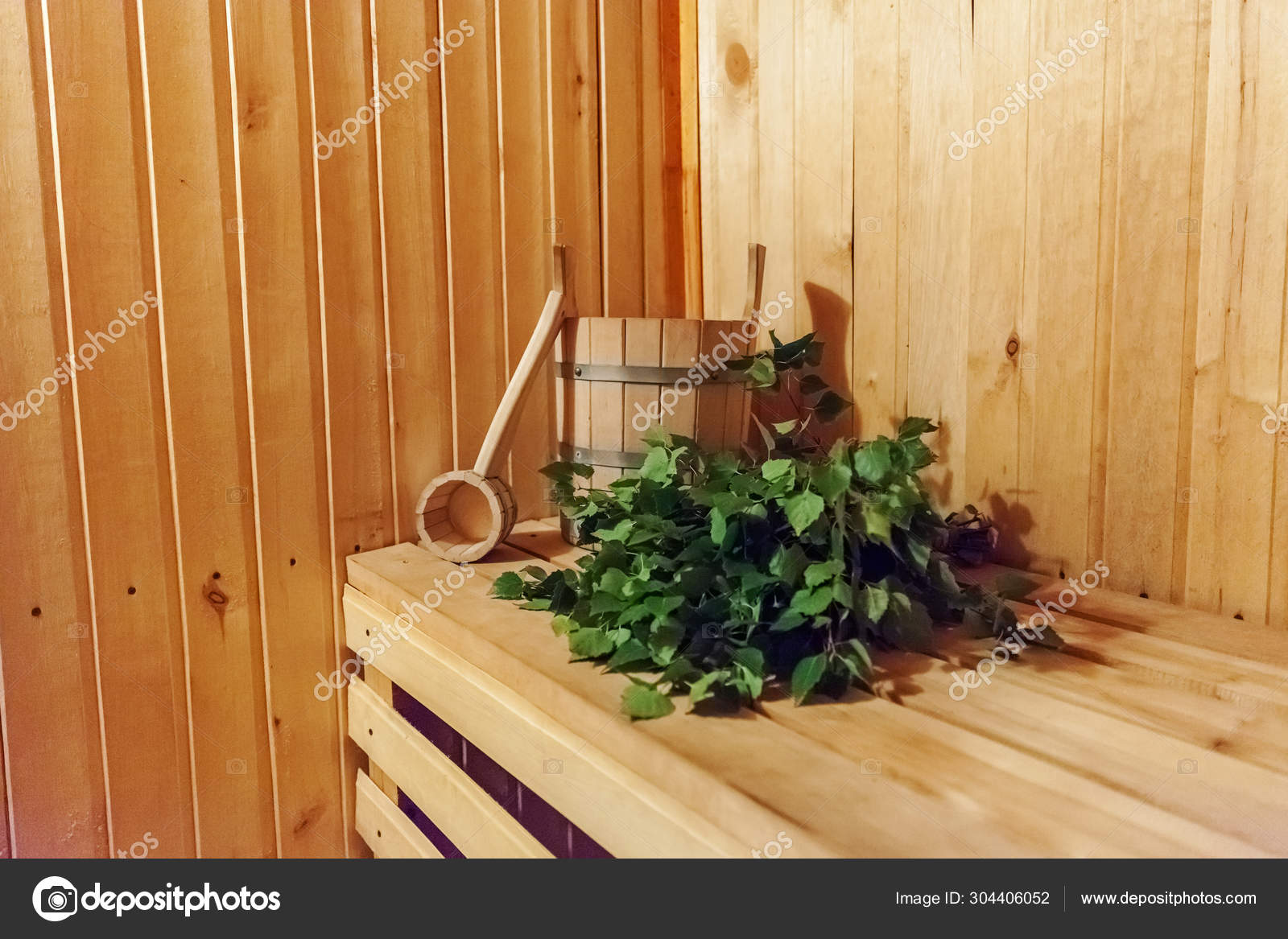 Interior details Finnish sauna steam room with traditional sauna accessories basin birch broom scoop Stock Photo by ©Luljo 304406052