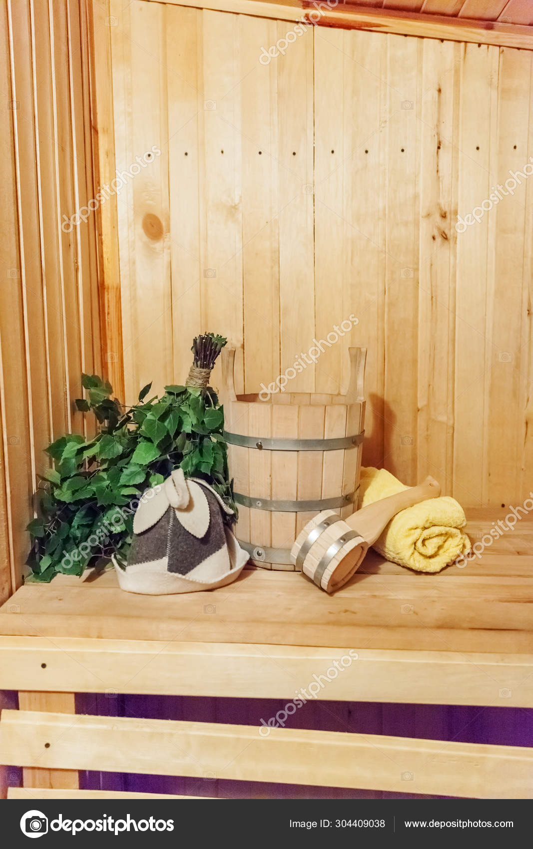 Interior details Finnish sauna steam room with traditional sauna basin birch broom scoop felt towel Stock Photo ©Luljo 304409038