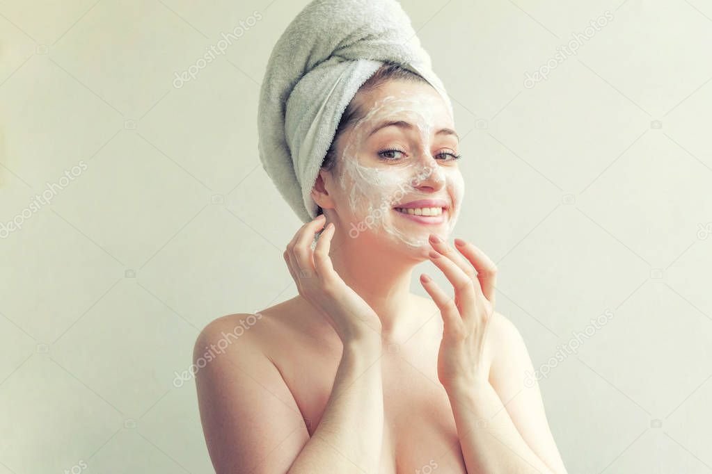 Woman face with cream or nourishing mask. Banner