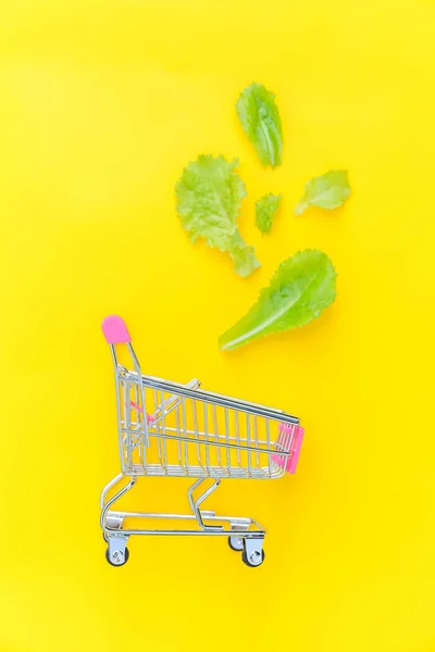 Small supermarket grocery push cart for shopping with green lettuce leaves isolated on yellow colourful trendy background