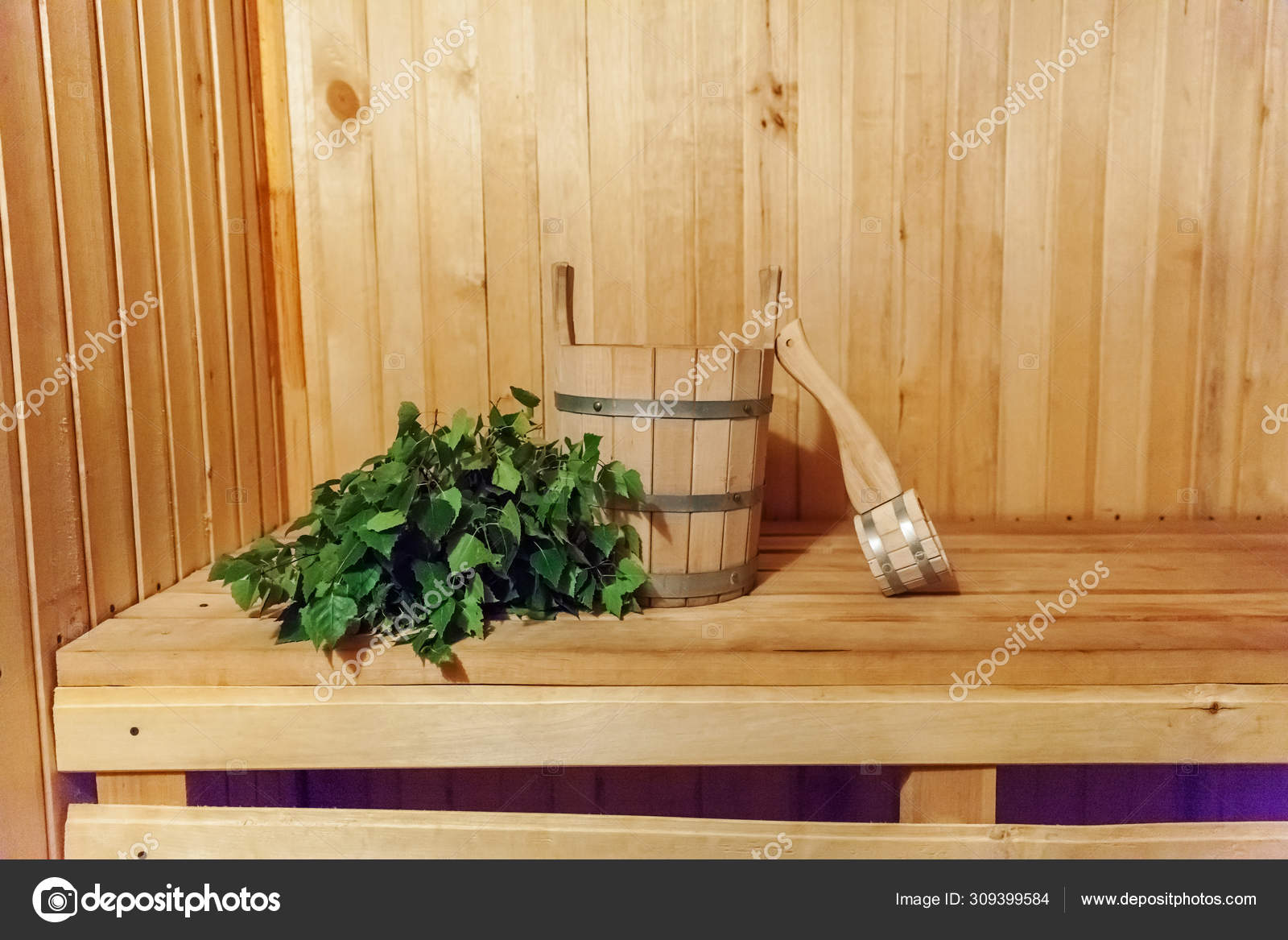 Interior details Finnish sauna room with traditional sauna accessories basin birch broom scoop Stock Photo by ©Luljo 309399584