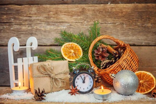 Christmas New Year Composition on old shabby rustic wooden background — Stock Photo, Image