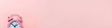 Pembe pastel arka planda izole edilmiş, ikiz çan klasik alarm saatini çalan çok az bir tasarım. Hayatın dinlenme saatleri. İyi sabahlar. Uyanık kalma kavramı. Düz görünüm fotokopi alanı pankartı
