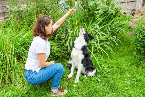 Lachende Jonge Aantrekkelijke Vrouw Spelen Met Schattige Puppy Hond Grens — Stockfoto