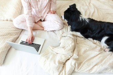 Mobil Ofis evde. Evcil köpekle pijamalı genç bir kadın evdeki bilgisayarda çalışıyor. Yaşam tarzı kızı içeride ders çalışıyor. Serbest ticaret karantina kavramı