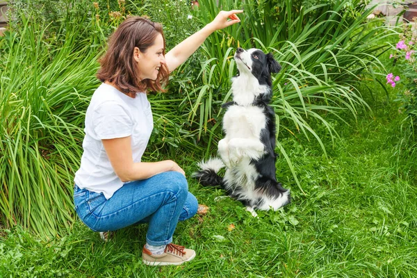 Lachende Jonge Aantrekkelijke Vrouw Spelen Met Schattige Puppy Hond Grens — Stockfoto