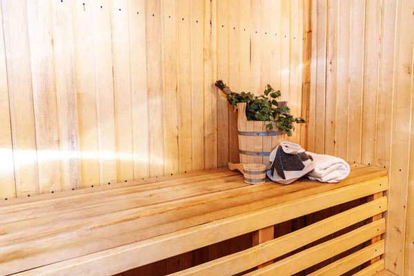 Detalles Interiores Sauna Finlandesa Baño Vapor Con Accesorios Sauna Tradicionales —  Fotos de Stock