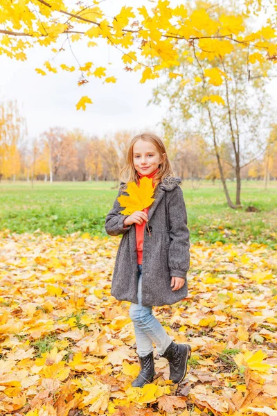 Sarı yapraklarla oynayan mutlu genç bir kız güzel bir sonbahar parkında doğa yürüyüşünde. Sonbahar portakal yaprağı tutan küçük çocuk.