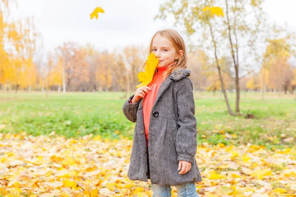 Felice Ragazza Che Gioca Con Foglie Gialle Che Cadono Nel — Foto Stock