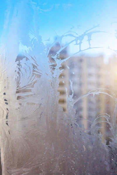 Janela Inverno Congelada Com Textura Padrão Geada Brilhante Símbolo Maravilha — Fotografia de Stock