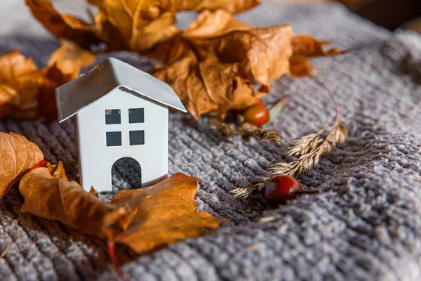 Herbstlicher Hintergrund Spielzeughaus Und Getrocknete Orangefarbene Ahornblätter Auf Grauem Strickpullover — Stockfoto