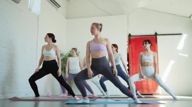 Yoga sınıfı pilates egzersizi. Bir grup sporcu, yoga sağIık meditasyonu için stüdyo sınıfında egzersiz yapıyor. Spor salonunda yoga yapan erkek antrenörler. Spor salonunda esneme hareketleri yapan kadınlar.