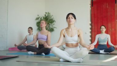Yoga farkındalığı meditasyonu. Yoga sağlık farkındalığı meditasyonu için stüdyoda egzersiz yapan bir grup sporcu. Nilüfer çiçeğinde oturup yoga yapan erkek kadınlar meditasyon yapıyor.