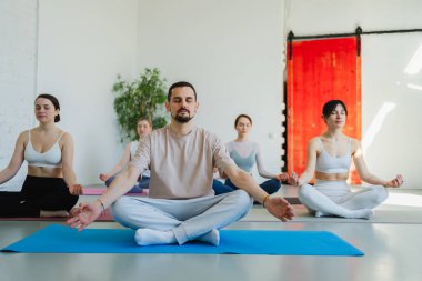 Yoga farkındalığı meditasyonu. Yoga sağlık farkındalığı meditasyonu için stüdyoda egzersiz yapan bir grup sporcu. Nilüfer çiçeğinde oturup yoga yapan erkek kadınlar meditasyon yapıyor.