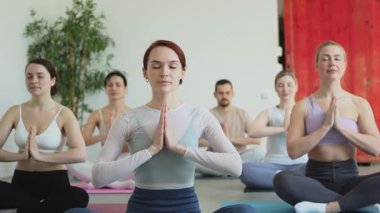 Yoga farkındalığı meditasyonu. Yoga sağlık farkındalığı meditasyonu için stüdyoda egzersiz yapan bir grup sporcu. Nilüfer çiçeğinde oturup yoga yapan erkek kadınlar meditasyon yapıyor.
