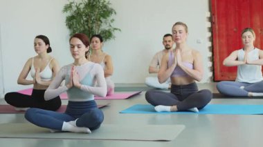 Yoga farkındalığı meditasyonu. Yoga sağlık farkındalığı meditasyonu için stüdyoda egzersiz yapan bir grup sporcu. Nilüfer çiçeğinde oturup yoga yapan erkek kadınlar meditasyon yapıyor.