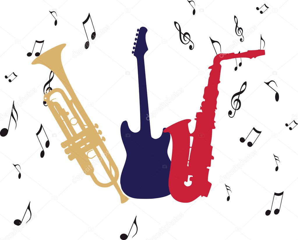 guitar and trumpet saxophone with musical notes