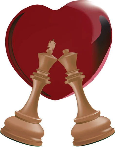 Schack kung och drottning sida vid sida med rött hjärta — Stock vektor