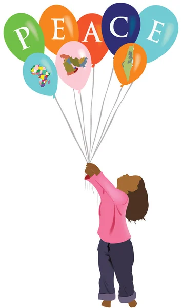 Маленька дівчинка кольору тримає повітряні кулі з миром написаний — стоковий вектор