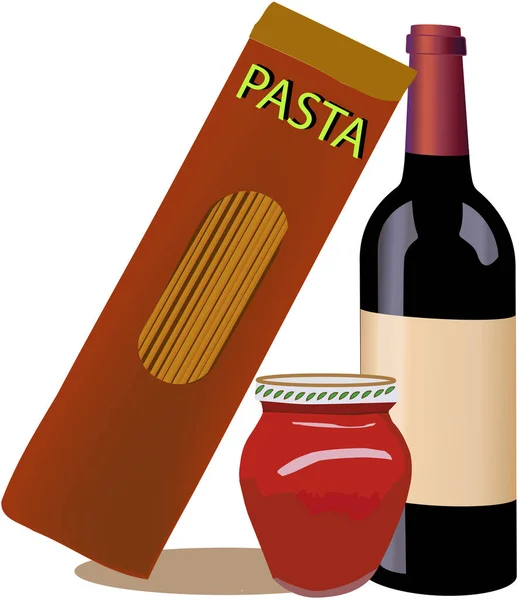 Verpackte Spaghetti mit Schwarzwein und Tomatenmark — Stockvektor