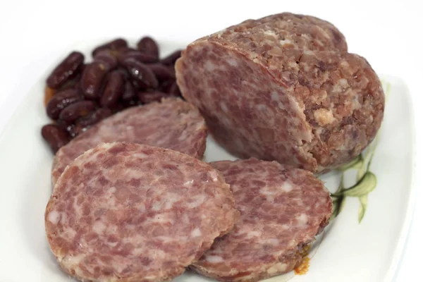 Salame Cotechino Cozido Com Feijão Servido Prato — Fotografia de Stock