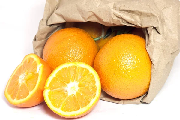 Fruta Naranja Con Bolsa Papel Reciclable — Foto de Stock