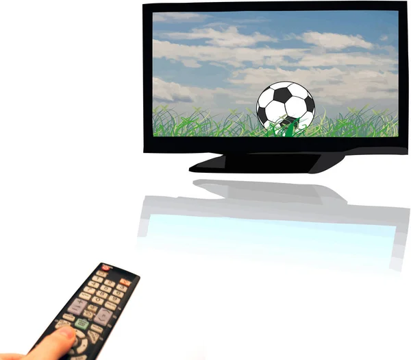 Television with remote control on soccer ball — Stock Photo, Image