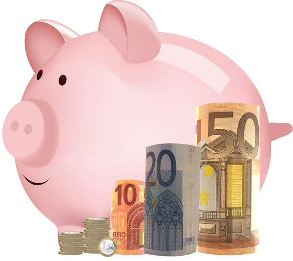 Caja de dinero en forma de cerdo con fajos de euro —  Fotos de Stock